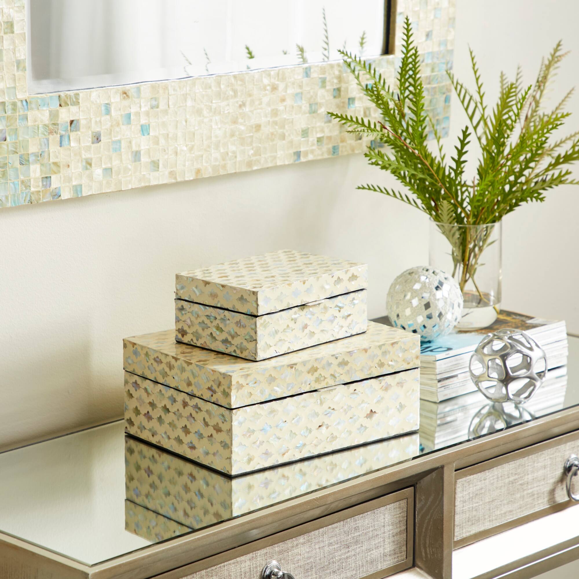 Coastal Rectangular White Wooden Zigzag Decorative Box Set